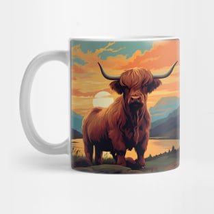 Highland Cattle Sunset Retro Art | Vintage-Inspired Landscape with Scottish Cows Mug